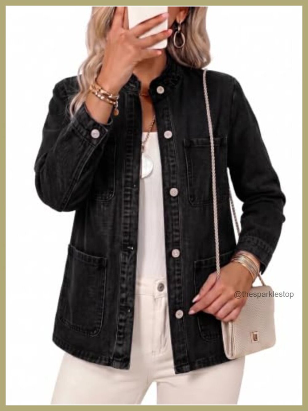 Oversized Cropped Denim Jacket with Ruffle Collar & Sleeves